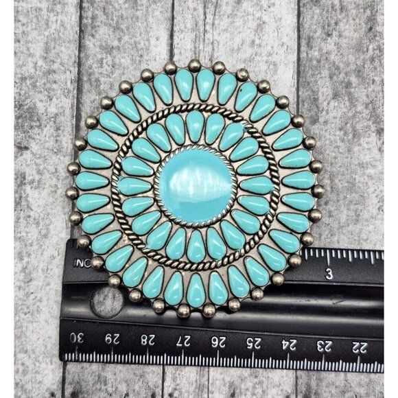 Silver Tone & Faux Turquoise Belt Buckle Round Southwest Native Inspired SEE Bac